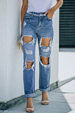 Load image into Gallery viewer, Distressed Frayed Trim Straight Leg Jeans
