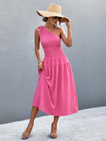 Load image into Gallery viewer, Asymmetrical One Shoulder Smocked Waist Midi Dress
