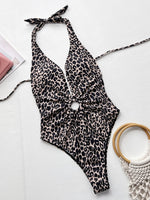 Load image into Gallery viewer, Leopard Halter Neck Ring Detail One-Piece Swimsuit
