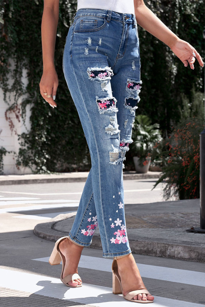 Nika Printed Patch Distressed Boyfriend Jeans