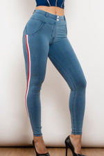 Load image into Gallery viewer, Side Stripe Contrast Buttoned Skinny Jeans
