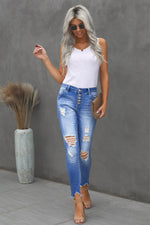 Load image into Gallery viewer, Nika Button Front Frayed Ankle Skinny Jeans
