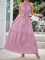 Load image into Gallery viewer, Belted Grecian Neck Tiered Maxi Dress
