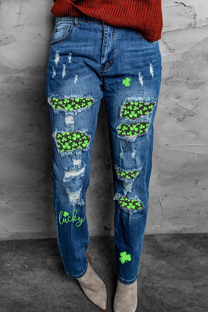 Nika Printed Patch Distressed Boyfriend Jeans