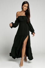 Load image into Gallery viewer, Off-Shoulder Smocked Split Tiered Maxi Dress
