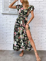 Load image into Gallery viewer, Floral Flutter Sleeve Tie-Waist Split Dress
