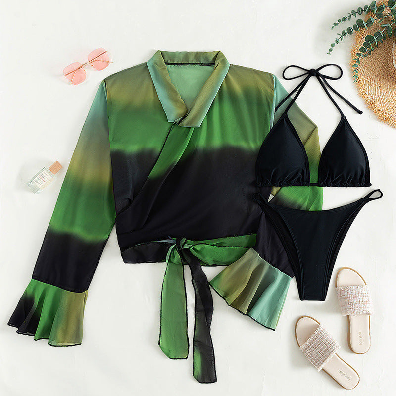 Zaria Long Sleeve Chiffon Shirt Three-piece Bikini Set