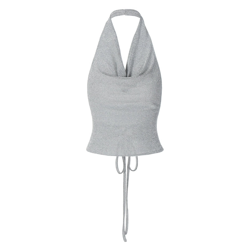 Riley Halterneck Shiny Silver Backless Top