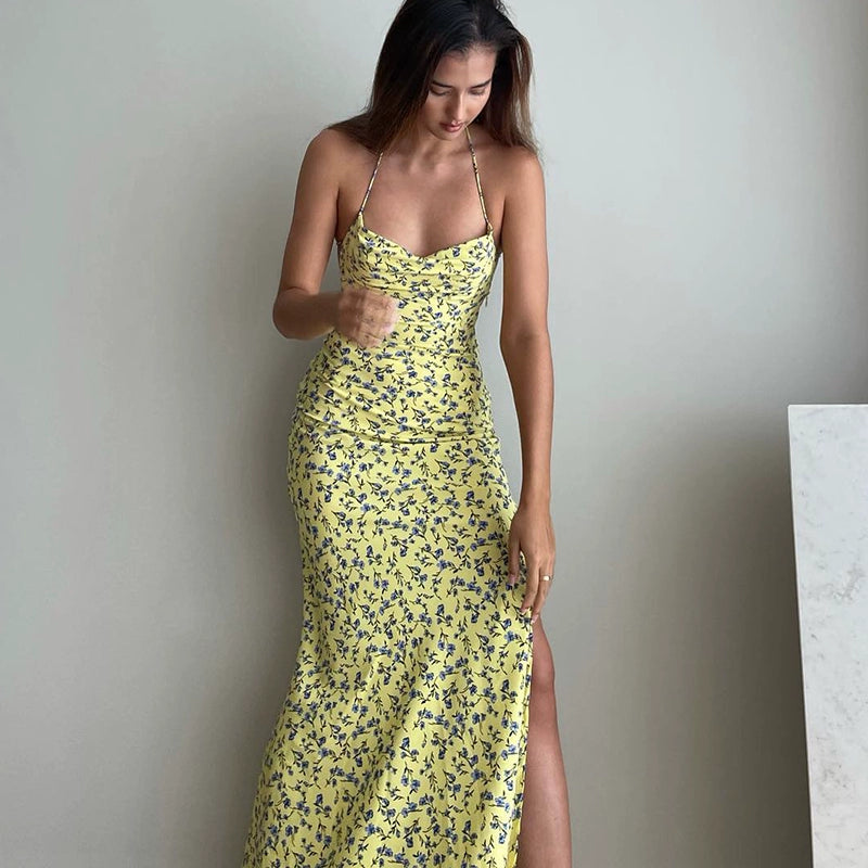 Aubrey Yellow Long Slit Floral Dress