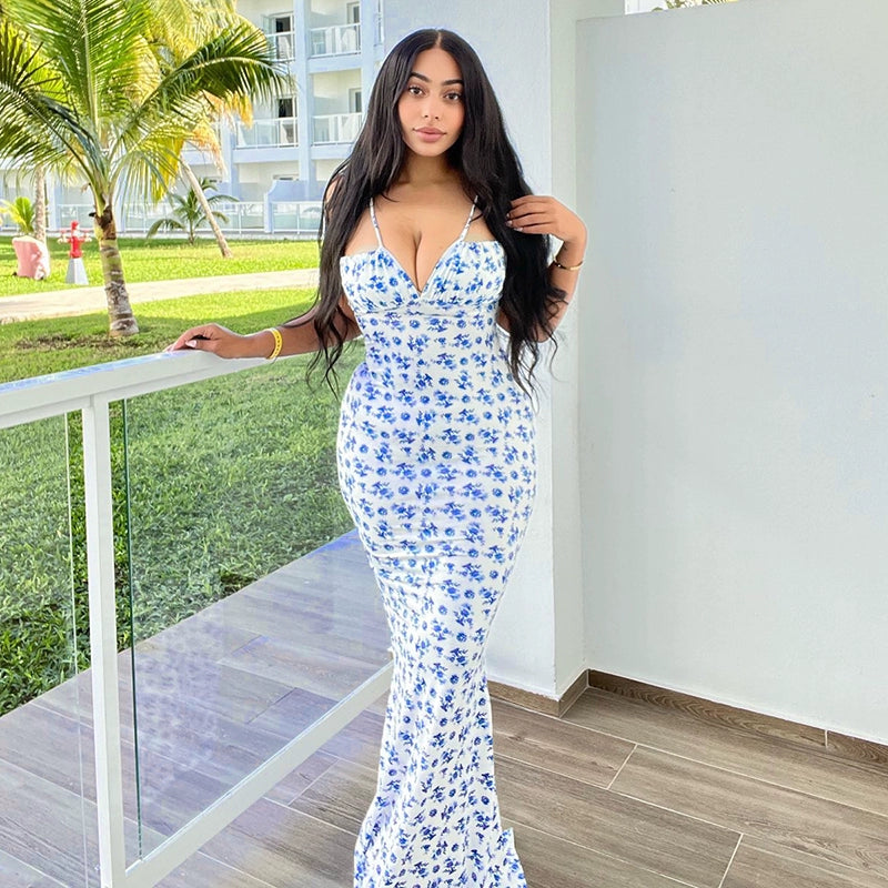 Avery Blue Roses Long Dress