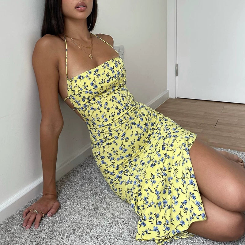 Aubrey Yellow Long Slit Floral Dress