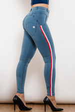 Load image into Gallery viewer, Side Stripe Contrast Buttoned Skinny Jeans
