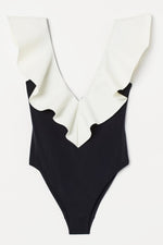 Load image into Gallery viewer, Two-Tone Ruffled Plunge One-Piece Swimsuit
