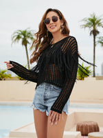 Load image into Gallery viewer, Fringe Trim Openwork Long Sleeve Cover-Up
