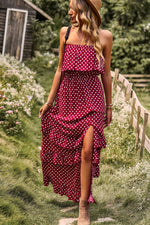 Load image into Gallery viewer, Polka Dot Strapless Slit Ruffled Maxi Dress
