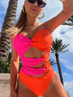 Load image into Gallery viewer, Two-Tone Twisted Cutout One-Piece Swimsuit
