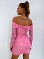 Load image into Gallery viewer, Glitter Ruched Off-Shoulder Long Sleeve Bodycon Dress
