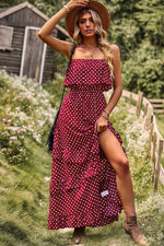 Load image into Gallery viewer, Polka Dot Strapless Slit Ruffled Maxi Dress
