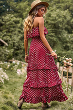 Load image into Gallery viewer, Polka Dot Strapless Slit Ruffled Maxi Dress
