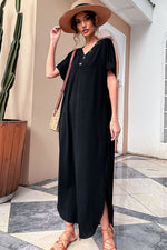 Load image into Gallery viewer, Decorative Button V-Neck Slit Maxi Dress
