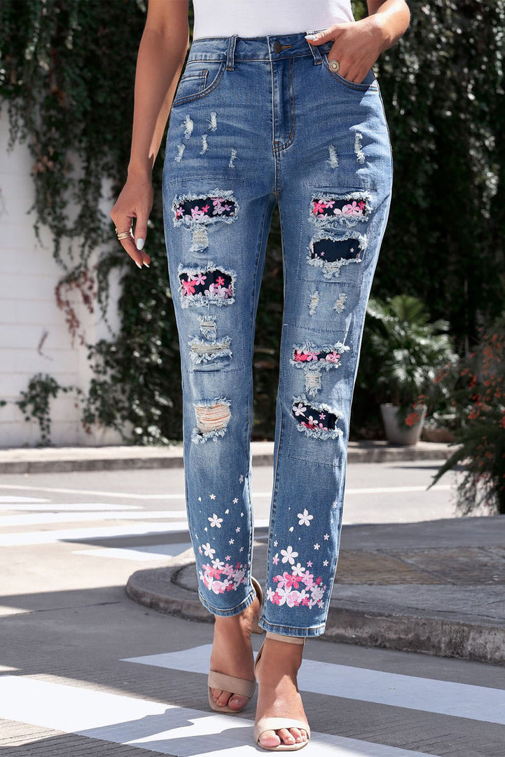 Nika Printed Patch Distressed Boyfriend Jeans