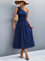 Load image into Gallery viewer, Asymmetrical One Shoulder Smocked Waist Midi Dress
