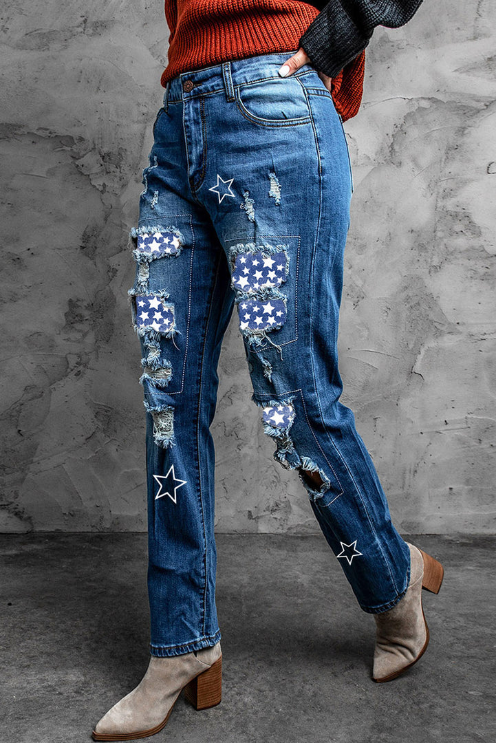 Nika Printed Patch Distressed Boyfriend Jeans