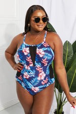 Load image into Gallery viewer, Floral Crisscross Spliced Mesh One-Piece Swimsuit
