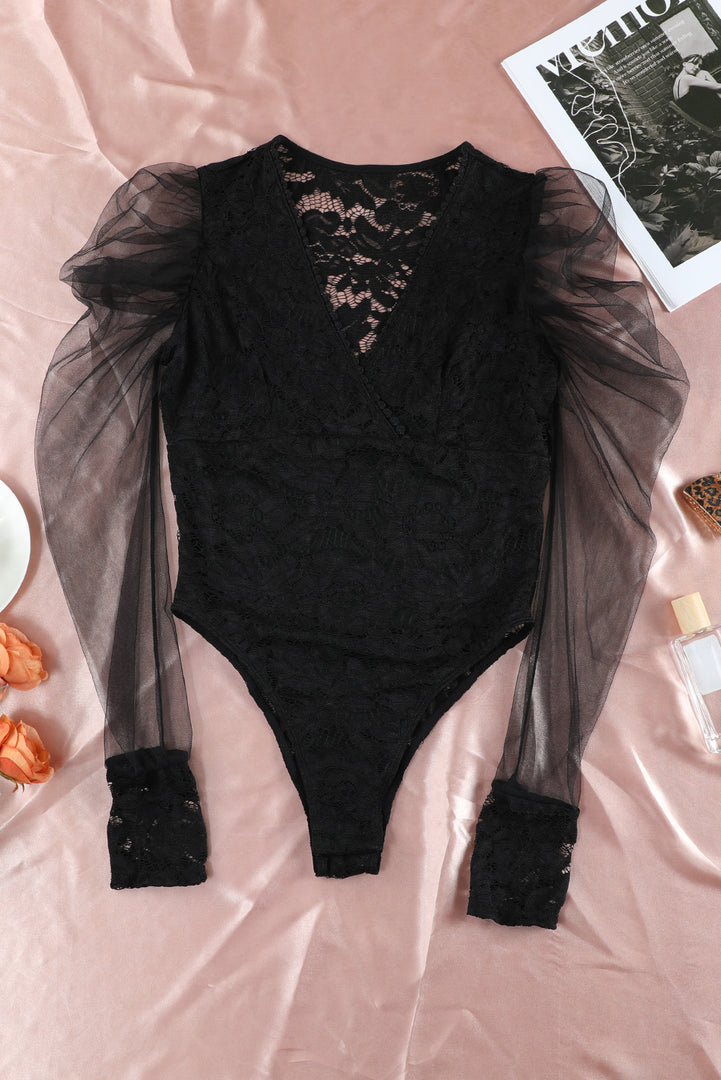 Lux Neck Long Puff Sleeve Lace Bodysuit