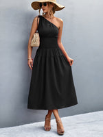 Load image into Gallery viewer, Asymmetrical One Shoulder Smocked Waist Midi Dress
