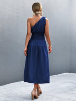 Load image into Gallery viewer, Asymmetrical One Shoulder Smocked Waist Midi Dress
