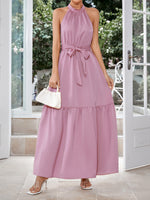 Load image into Gallery viewer, Belted Grecian Neck Tiered Maxi Dress
