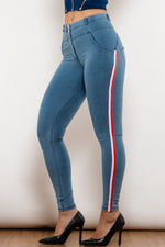 Load image into Gallery viewer, Side Stripe Contrast Buttoned Skinny Jeans
