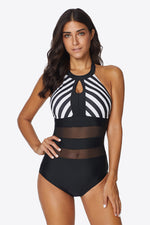 Load image into Gallery viewer, Striped Cutout Spliced Mesh Halter Neck One-Piece Swimsuit
