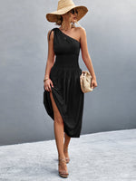 Load image into Gallery viewer, Asymmetrical One Shoulder Smocked Waist Midi Dress
