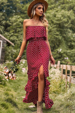 Load image into Gallery viewer, Polka Dot Strapless Slit Ruffled Maxi Dress
