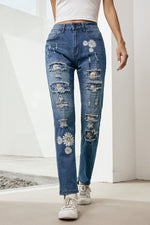 Load image into Gallery viewer, Nika Printed Patch Distressed Boyfriend Jeans
