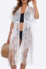 Load image into Gallery viewer, Fringe Trim Lace Cover-Up Dress
