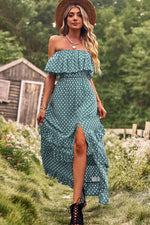 Load image into Gallery viewer, Polka Dot Strapless Slit Ruffled Maxi Dress
